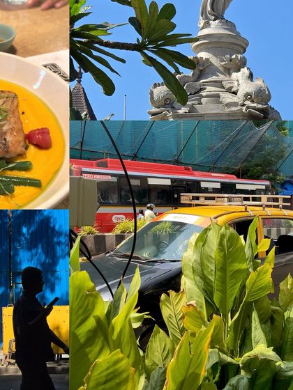 A typical Mumbai scene: a red BEST bus, a yellow-and-black taxi, and lush greenery all sharing the same frame.