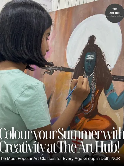 I encourage kids to explore subjects they are passionate about. This young artist is painting a depiction of Lord Shiva, bringing a powerful image to life on canvas.
