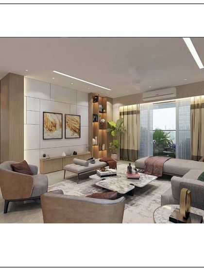 This living room is designed for modern family life, featuring a large, comfortable sectional sofa, built-in shelving for display and storage, and recessed lighting that creates a warm and inviting ambiance.