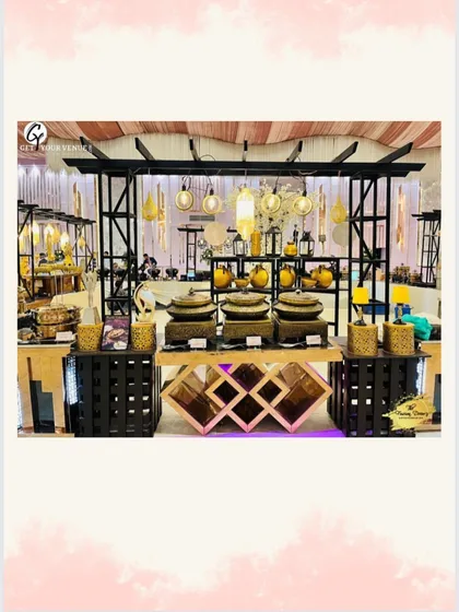 A modern, industrial-style buffet station setup, showing our versatility in matching the decor to the event's theme.