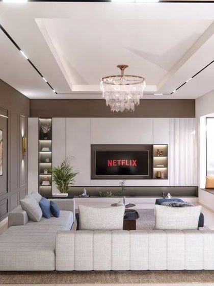 An interior design proposal for a villa at Brigade Orchards. The theme is minimal and classy, with wainscoting, a modern TV unit, and a neutral color palette accented with blue and brown.