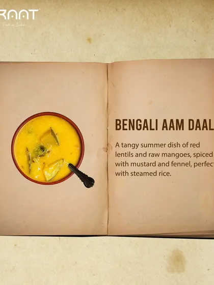 This is my Bengali Aam Dal, a tangy summer dish of red lentils and raw mangoes, spiced with mustard and fennel.