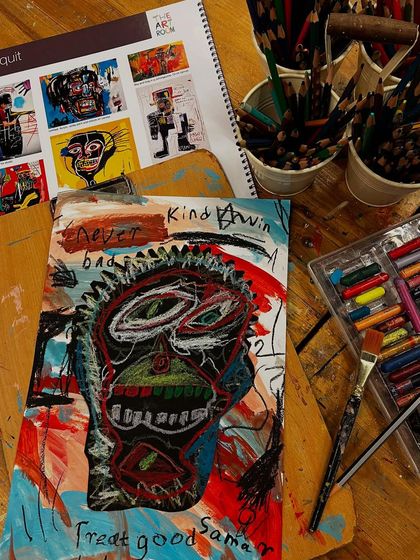 A finished piece inspired by Basquiat, showcasing bold lines, raw energy, and a mix of drawing and text.