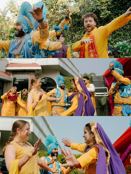 A collage capturing the vibrant Bhangra dance performances that brought an infectious energy to the Haldi ceremony.