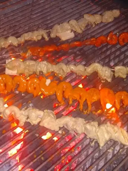 A variety of kebabs, including chicken malai tikka and paneer tikka, being grilled on skewers over a charcoal barbecue. We offer live barbecue counters for evening events and house parties.