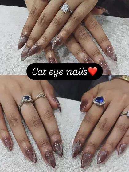 This collage shows off the mesmerizing effect of Cat Eye nails from different angles. The deep, shimmery polish on these long stiletto nails creates a look that is both trendy and sophisticated.
