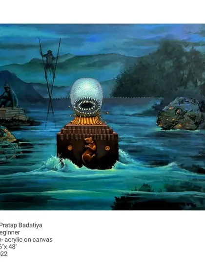 Titled 'Beginner,' this 36 by 48-inch acrylic painting from 2022 explores the initial stages of a journey. The surreal elements, including the figure on stilts and the central illuminated object, create a mysterious and contemplative waterscape.