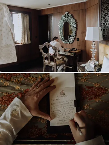 A detailed collage showing the groom writing a heartfelt letter to his bride, a beautiful and personal part of their wedding story.