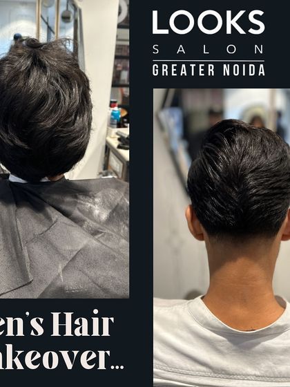 A before-and-after shot of a men's haircut from the back, highlighting the clean taper and neat finish.