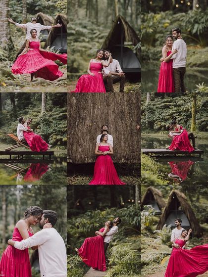 A grid collage showcasing multiple romantic and joyful moments from a couple's pre-wedding shoot in a forest.