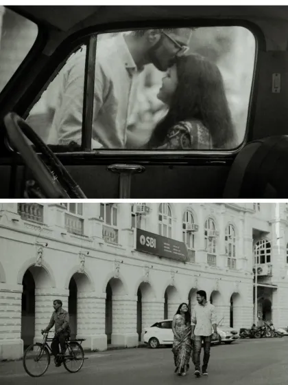 A black and white collage showing a romantic moment inside a vintage car and the couple walking down a classic Mumbai street, giving the pre-wedding shoot a cinematic feel.