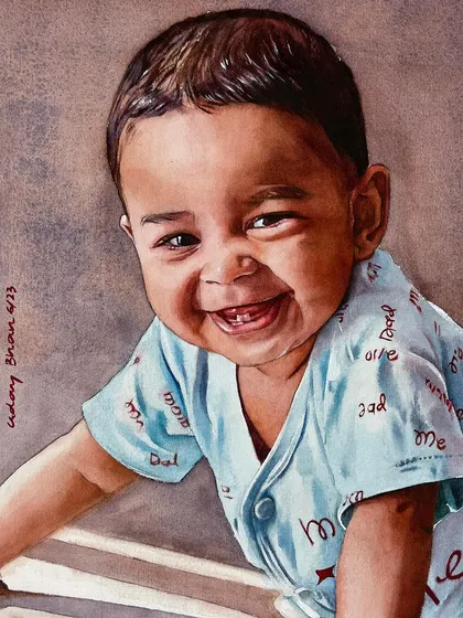 The pure, unfiltered joy of a child's smile is a precious thing to capture. This watercolor portrait of a laughing baby was an exercise in painting soft skin tones and a lively, happy expression.