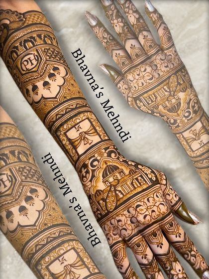 A collage of a bridal back hand design with the initials 'PH'. The surrounding patterns are intricate and beautifully executed.