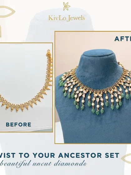 We gave this ancestor's set a modern twist with beautiful uncut diamonds. By adding new elements to the traditional gold base, we created a piece that the new generation will be excited to wear.