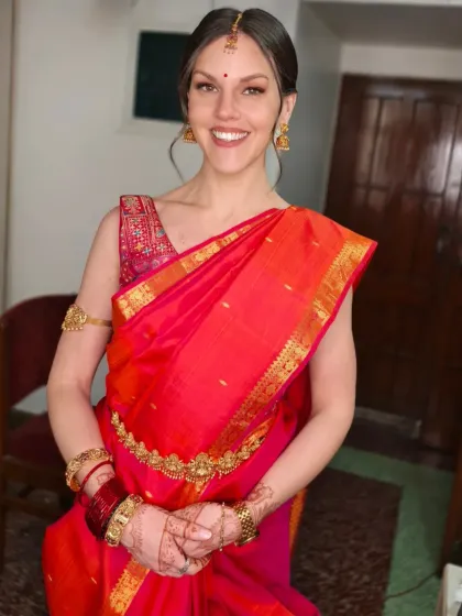 It was a pleasure creating this traditional South Indian look for my wonderful international client. I provided complete services including makeup that suited her skin tone, a classic floral bun hairstyle, and perfect saree draping.