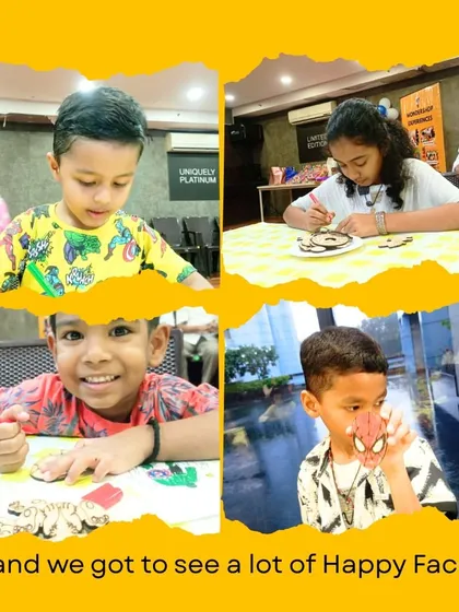 So many happy faces! This collage captures the pure joy of kids engrossed in our fridge magnet painting and coloring activities at Aadya and Vivaan's party.