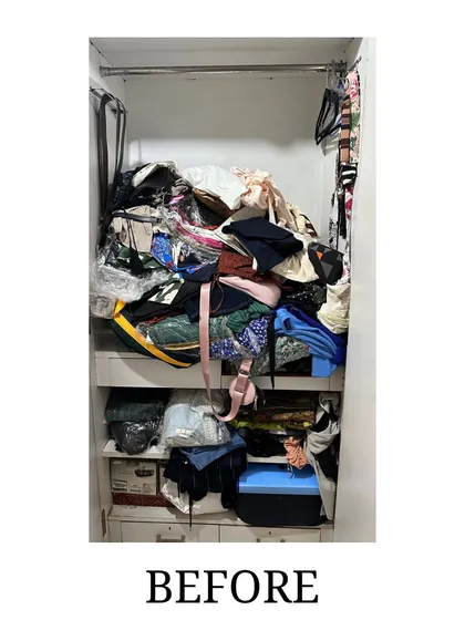 Before: A wardrobe overflowing with unpacked clothes after a move. The client couldn't find anything and was buying duplicates.