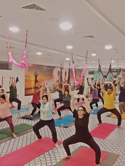 The energy in a full class is incredible. This is a snapshot of our group moving together, finding individual focus while sharing a collective positive vibe in our Noida studio.