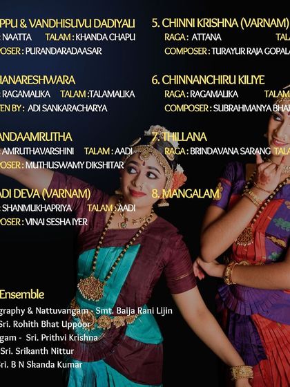 The repertoire of a classical performance is carefully curated. This image lists the traditional sequence of items, from Alarippu to Thillana, performed during a student's Rangapravesam.