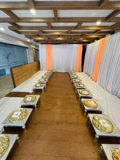 This is a full view of my traditional chowki seating arrangement. The setup is perfect for functions where you want to blend elegance with cultural authenticity, creating a unique dining space for your guests.