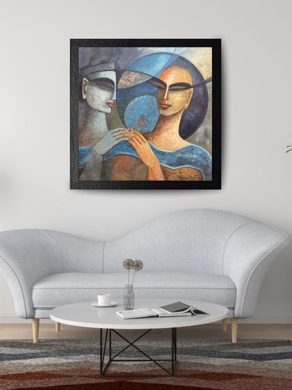My untitled 30x30 inch acrylic painting displayed in a modern living room, showing how it can be a centerpiece of a home.