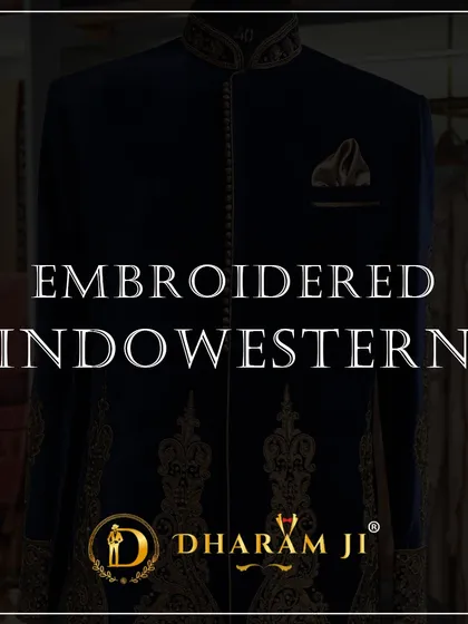 A promotional graphic for an "EMBROIDERED INDOWESTERN," featuring a royal blue velvet sherwani with grand gold embroidery.
