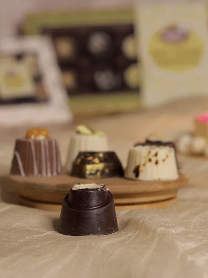 The Almond Nougat soft-center chocolate, a delightful combination of crunchy and creamy textures.