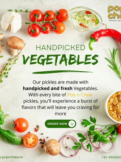 The secret to our flavour is freshness. I handpick all our vegetables in small batches to ensure only the best quality makes it into your jar. This graphic shows our commitment to using fresh, natural ingredients in every pickle we make.