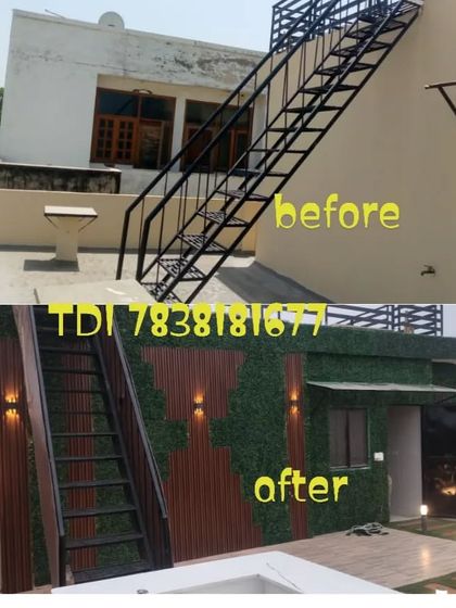 This before and after shows how I can transform the area around an existing staircase. I covered the walls with artificial turf and WPC panels and upgraded the staircase for a modern, green look.