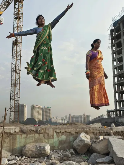 Two women levitate at a construction site. Part of the 'a moment of lightness' series, creating a stark contrast between the magical act and the harsh, industrial environment.