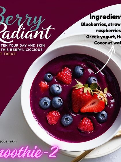 The Berry Radiant smoothie bowl is packed with antioxidants and Vitamin C from mixed berries. These nutrients help fight free radical damage and brighten dull skin. The addition of Greek yogurt provides a boost of protein and probiotics for gut health.