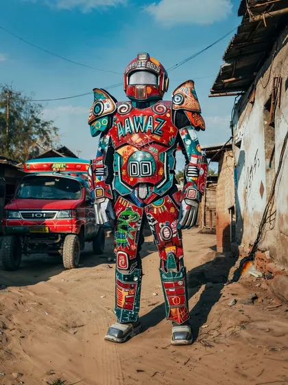 A warrior in a vibrant, truck-art inspired power armor. This piece, 'आवाज़ दो', blends folk art with sci-fi character design.