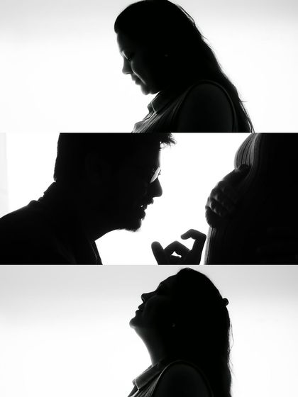 An artistic collage of black and white silhouette shots taken indoors. These high-contrast images are dramatic and focus on the beautiful shapes and forms of pregnancy.