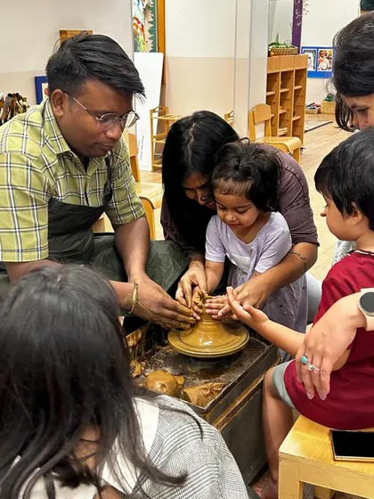 Glimpses from a Play Date event, where families experience our after-school program. Parents and children engage in pottery, culinary fun, and free play, showcasing the joyful, community-focused nature of our offerings.