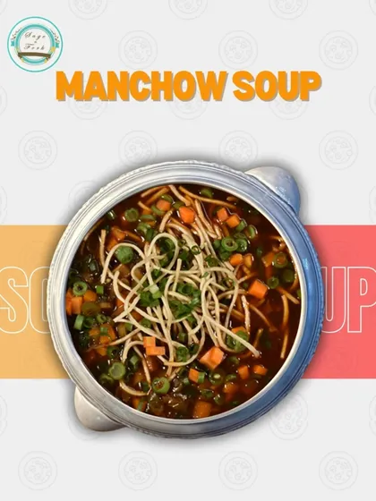 A bowl of my zesty Manchow soup, topped with crispy noodles. It's a flavorful Indo-Chinese soup that's both comforting and exciting.