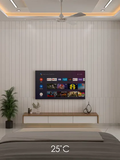 The same minimalist bedroom design, presented without graphic overlays to highlight the purity of the design. The focus is on the white paneled wall, floating wood console, and the overall sense of calm.