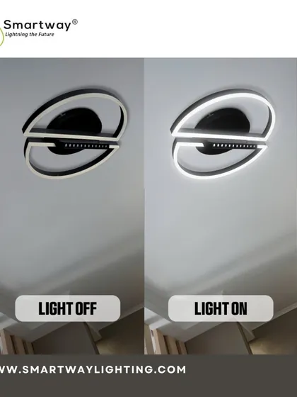 This image shows how our modern eye-shaped ceiling light looks when off and on. The design is unique and provides a bright, clean light.
