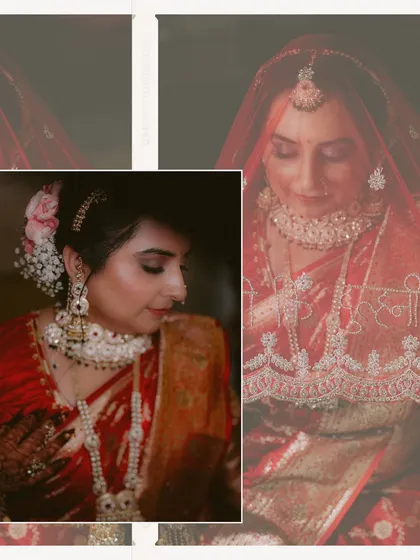 A collage of our stunning Punjabi bride, who married her Odia groom. It showcases her beautiful red bridal look, from the intricate veil to her serene portraits, blending traditions with grace.