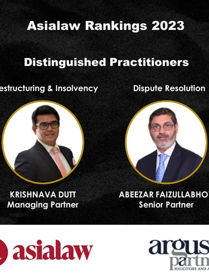 My recognition as a 'Distinguished Practitioner' in Restructuring & Insolvency by Asialaw Rankings 2023, alongside my senior partner in Dispute Resolution.