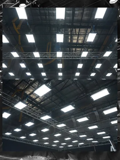 A collage showing the impressive grid of Creamsource Vortex8 lights used for the Mahindra commercial, capable of illuminating a very large area with soft, even light.