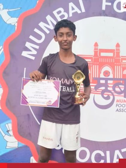 Shaurya Mungekar holds his Man of the Match trophy after scoring a crucial goal for the U-16 team.