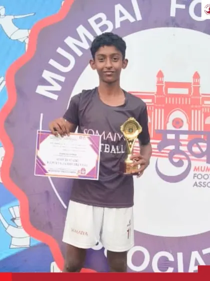 Shaurya Mungekar holds his Man of the Match trophy after scoring a crucial goal for the U-16 team.