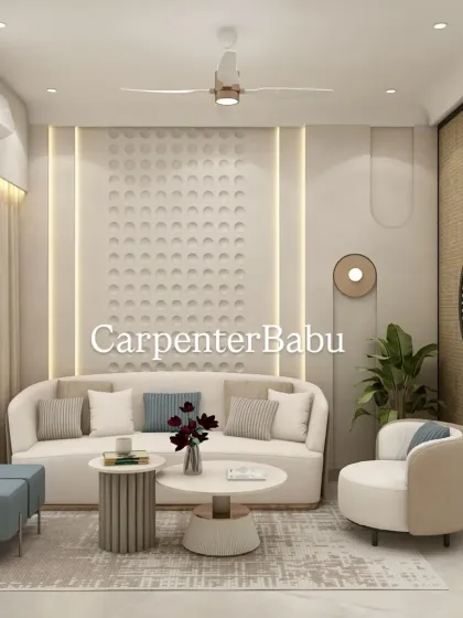 This compact living room uses a neutral color palette and smart furniture choices, like the curved sofa and nesting tables, to maximize space and maintain an airy, open feel.