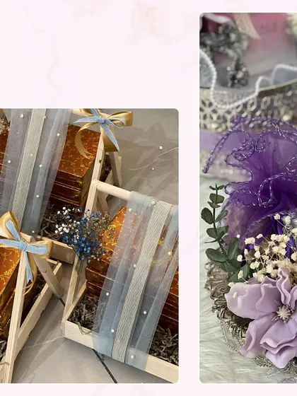 This collage highlights elegant trousseau packaging options. I use elements like wooden crates with delicate tulle wrapping and silver trays with floral arrangements to elevate the presentation.