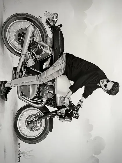 The details in this paid charcoal sketch of a man and his motorcycle were a wonderful challenge. From the shine on the engine to the texture of his jacket, every part was drawn with precision.