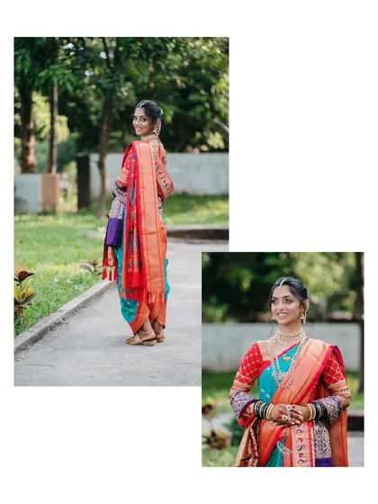A collage of the bride in her stunning Nauvari saree. The different angles showcase her complete look, from a playful glance over the shoulder to a classic portrait.