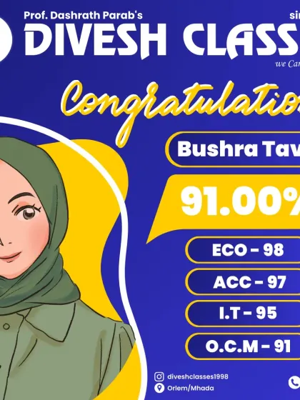 Celebrating Bushra Tavar's outstanding 91% in the HSC Commerce exam. Her high scores, including 98 in Economics and 97 in Accountancy, are a result of our in-depth subject coaching and regular mock tests.