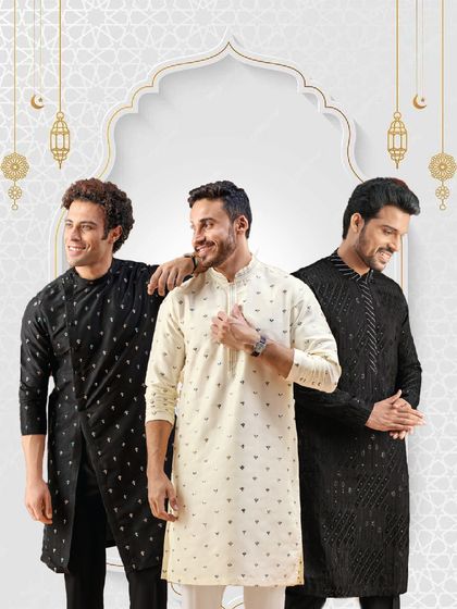Own the spotlight this festive season. Our campaign image brings together three distinct kurta styles, from classic ivory to modern asymmetrical black, for every man's taste.