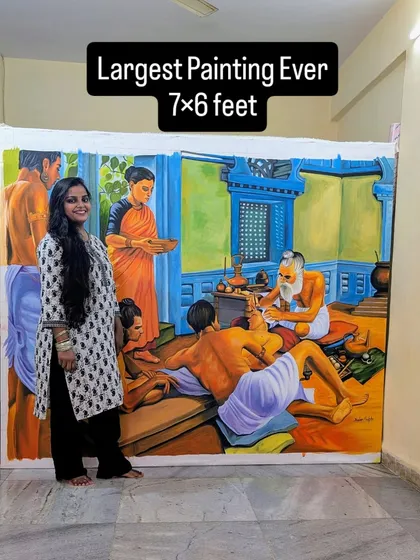 This is one of my largest commissions, a 7x6 feet acrylic on canvas depicting a scene from ancient Indian medicine. Seeing my art at this scale is a dream come true, a result of true `mehnat` and the trust of my client.