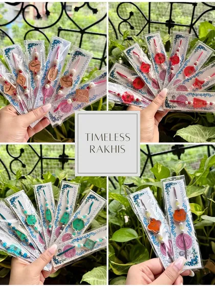 My collection of timeless resin rakhis offers something for everyone. This collage showcases a variety of shapes, colors, and designs, all handcrafted to be as unique and strong as your sibling bond.